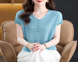 針織V領短袖衫